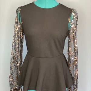 Black Peplum Top Sparkle Mesh Selves Size S